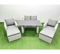 Fimous Outdoor Rattan Garden Furniture Dining Set 6-seater Patio Rectangular Table Love Sofa Reclining Chair Set with Side Table 2 Big Stools