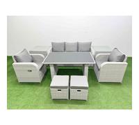 Fimous Outdoor Rattan Garden Furniture Dining Set 7-seater Patio Rectangular Table 3 Seater Sofa Reclining Chair Set with 2 Side Tables 2 Small Stools