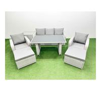Fimous Outdoor Rattan Garden Furniture Dining Set 7-seater Patio Rectangular Table 3 Seater Sofa Reclining Chair Set with Side Table 2 Big Stools