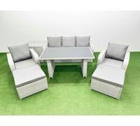 Fimous Outdoor Rattan Garden Furniture Dining Set 7-seater Patio Rectangular Table 3 Seater Sofa Reclining Chair Set with Side Table 2 Big Stools