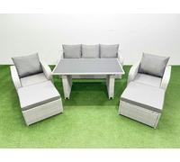 Fimous Outdoor Rattan Garden Furniture Dining Set 7-seater Patio Rectangular Table 3 Seater Sofa Reclining Chair Set with 2 Big Stools