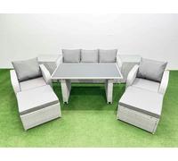 Fimous Outdoor Rattan Garden Furniture Dining Set 7-seater Patio Rectangular Table 3 Seater Sofa Reclining Chair Set with 2 Side Tables 2 Big Stools