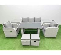 Fimous Outdoor Rattan Garden Furniture Dining Set 7 seater Patio Rectangular Table 3 Seater Sofa Reclining Chair Set with 2 Side Tables 2 Small Stools