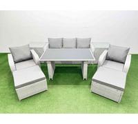 Fimous Outdoor Rattan Garden Furniture Dining Set 7-Seater Patio Rectangular Table 3 Seater Sofa Set With 2 Side Tables 2 Stools
