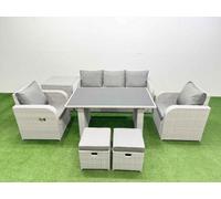 Fimous Outdoor Rattan Garden Furniture Dining Set 7-Seater Patio Rectangular Table 3 Seater Sofa Set With Side Table 2 Small Stool