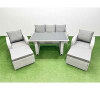 Fimous Outdoor Rattan Garden Furniture Dining Set 7-Seater Patio Rectangular Table 3 Seater Sofa Set With 2 Big Stools