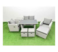 Fimous Outdoor Rattan Garden Furniture Dining Set 7 seater Patio Rectangular Table Love Sofa Reclining Chair Set with Side Table 3 Stools