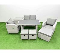 Fimous Outdoor Rattan Garden Furniture Dining Set 7 seater Patio Rectangular Table Love Sofa Reclining Chair Set with Side Table 3 Stools