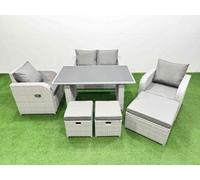 Fimous Outdoor Rattan Garden Furniture Dining Set 7-Seater Patio Rectangular Table Love Sofa Reclining Chair Set With 3 Stools