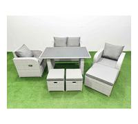 Fimous Outdoor Rattan Garden Furniture Dining Set 7-seater Patio Rectangular Table Love Sofa Reclining Chair Set with 3 Stools
