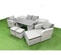 Fimous Outdoor Rattan Garden Furniture Dining Set 7-Seater Reclining Chair Set With 2 Side Tables 3 Stools