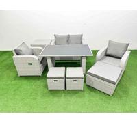 Fimous Outdoor Rattan Garden Furniture Dining Set 7-Seater Reclining Chair Set With Side Table 3 Stools