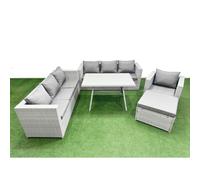 Fimous Outdoor Rattan Garden Furniture Dining Set 8-Seater Patio Rectangular Table 3 Seater Sofa Armchair Set With Big Stool