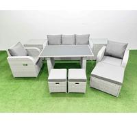 Fimous Outdoor Rattan Garden Furniture Dining Set 8 seater Patio Rectangular Table 3 Seater Sofa Reclining Chair Set with 2 Side Tables 3 Stools