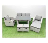 Fimous Outdoor Rattan Garden Furniture Dining Set 8-seater Patio Rectangular Table 3 Seater Sofa Reclining Chair Set with 3 Stools