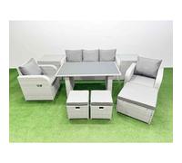 Fimous Outdoor Rattan Garden Furniture Dining Set 8 seater Patio Rectangular Table 3 Seater Sofa Reclining Chair Set with 2 Side Tables 3 Stools