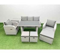 Fimous Outdoor Rattan Garden Furniture Dining Set 8 seater Patio Rectangular Table 3 Seater Sofa Reclining Chair Set with Side Table 3 Stools