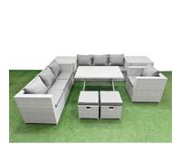 Fimous Outdoor Rattan Garden Furniture Dining Set 9-seater Patio Rectangular Table 3 Seater Sofa Armchair Set with 2 Side Tables 2 Small Stools