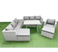 Fimous Outdoor Rattan Garden Furniture Dining Set 9 seater Patio Rectangular Table 3 Seater Sofa Armchair Set with 2 Big Stools