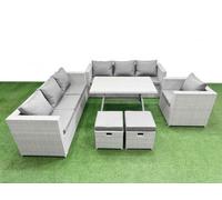Fimous Outdoor Rattan Garden Furniture Dining Set 9-Seater Patio Rectangular Table 3 Seater Sofa Armchair Set With 2 Small Stools