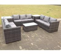 Fimous Outdoor Rattan Garden Furniture Lounge Sofa Set With Oblong Coffee Table And 2 Side Tall Table