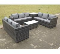 Outdoor Rattan Garden Furniture Lounge Sofa Set With Oblong Coffee Table And Side Tall High Table Fimous Dark Grey One Size