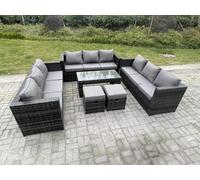 Fimous Rattan Garden Furniture Lounge Sofa Set With Oblong Rectagular Coffee Table 2 Stools in Dark Grey Fimous Dark Grey