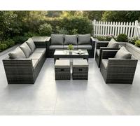 Fimous Outdoor Rattan Garden Furniture Lounge Sofa Set With Oblong Rectagular Coffee Table Side Coffee Table 2 Stools