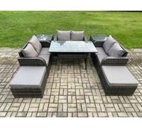 Fimous Outdoor Rattan Garden Furniture Lounge Sofa Set With Oblong Rectangular Dining Table 2 Big Footstool 2 Side Tables