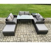 Fimous Outdoor Rattan Garden Furniture Lounge Sofa Set With Oblong Rectangular Dining Table 2 Big Footstool Side Table