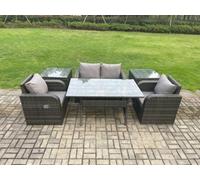 Fimous Outdoor Rattan Garden Furniture Lounge Sofa Set With Oblong Rectangular Dining Table 2 Pc Side Tables