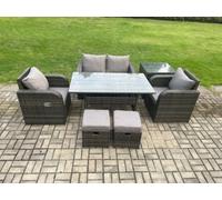 Fimous Outdoor Rattan Garden Furniture Lounge Sofa Set With Oblong Rectangular Dining Table 2 Small Footstool