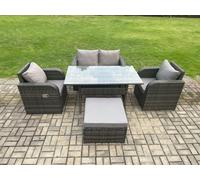 Fimous Outdoor Rattan Garden Furniture Lounge Sofa Set With Rectangular Dining Table 2 PC Reclining Chair Footstool in Dark Grey Fimous Dark Grey