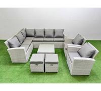 Fimous Outdoor Rattan Garden Furniture Set 10 Seater Corner Sofa Sets with Square Coffee Table Chair 2 Small Footstool Light Grey Mixed