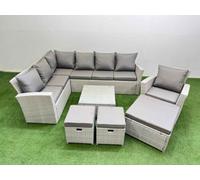 Fimous Outdoor Rattan Garden Furniture Set 10 Seater Corner Sofa Sets with Square Coffee Table Chair 3 Footstools Light Grey Mixed