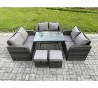 Fimous Outdoor Rattan Garden Furniture Set 8 Seater Patio Love Sofa Set with Rectangular Dining Table 2 Small Footstool Dark Grey Mixed