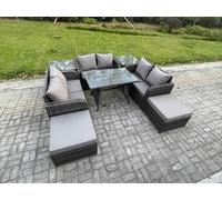 Fimous Outdoor Rattan Garden Furniture Set 8 Seater Patio Love Sofa Set with Rectangular Dining Table 2 Big Footstool 2 Side Tables Dark Grey Mixed