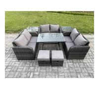 Fimous Outdoor Rattan Garden Furniture Set 8 Seater Patio Love Sofa Set With Dining Table 2 Small Footstools 2 Side Tables