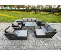 Fimous Outdoor Rattan Garden Furniture Set 9 Seater Patio Lounge Sofa Set with Dining Table 2 Big Footstool 2 Side Tables Dark Grey Mixed