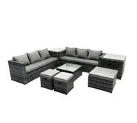 Fimous Outdoor Rattan Garden Furniture Set 9 Seater Patio Lounge Sofa Set With Square Coffee Table 2 Side Table 3 Footstools