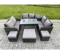 Fimous Outdoor Rattan Garden Furniture Set 9 Seater Patio Love Sofa Set with Rectangular Dining Table 3 Footstools Side Table Dark Grey Mixed