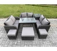 Fimous Outdoor Rattan Garden Furniture Set 9 Seater Patio Love Sofa Set with Rectangular Dining Table 3 Footstools Side Table Dark Grey Mixed