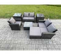 Fimous Outdoor Rattan Garden Furniture Set Conservatory Patio Sofa Coffee Table Set With Chair 2 Side Tables Big Footstool