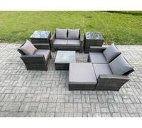 Fimous Outdoor Rattan Garden Furniture Set Conservatory Patio Sofa Coffee Table Set With Chair 2 Side Tables Big Footstool