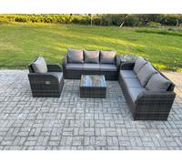 Fimous Outdoor Rattan Garden Furniture Set Conservatory Patio Sofa Coffee Table With Reclining Chair Side Table Dark Grey Mixed