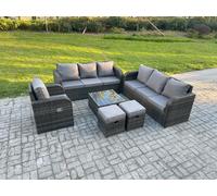 Fimous Outdoor Rattan Garden Furniture Set Conservatory Patio Sofa Coffee Table With Reclining Chair 2 Small Footstools Dark Grey Mixed Fimous Dark Grey