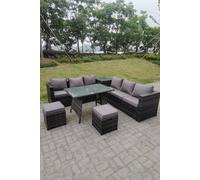 Fimous Outdoor Rattan Garden Furniture Set Corner Sofa Dining table With 2 PC Footstools