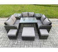 Fimous Outdoor Rattan Garden Furniture Set Patio Love Sofa Set with Rectangular Dining Table 3 Footstools 2 Side Tables Dark Grey Mixed