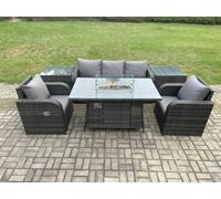 Fimous Outdoor Rattan Garden Furniture Set Propane Gas Fire Pit Table Burner with Lounge Sofa 2 Side Tables
