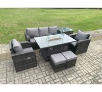 Outdoor Rattan Garden Furniture Set Propane Gas Fire Pit Table Burner with Lounge Sofa Side Tables 2 Small Footstool Fimous Dark Grey One Size